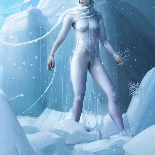 Image similar to a hyperrealistic illustration of a human in the Arctic, white long clothes, snow on the body, blue transparent ice with fractal sunlight, award-winning, masterpiece, in the style of Tom Bagshaw, Cedric Peyravernay, Peter Mohrbacher