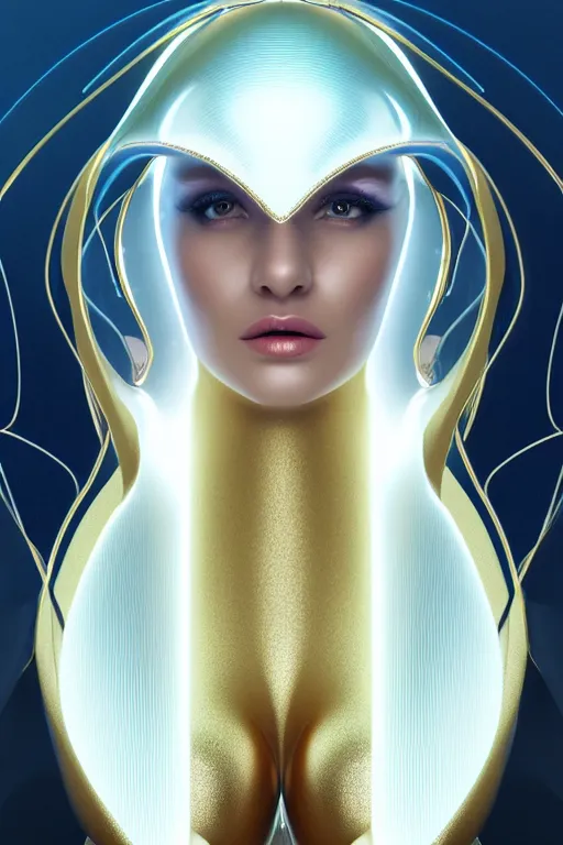 Prompt: detailed portrait ultra glam cyber noun, attractive feminine curves, gorgeous, intricate, scifi, futuristic, elegant cape, elegant, alien room background, white, blue, gold, photorealism, trending on artstation, holy halo, advanced technology, art by moebius and vitaly bulgarov and chanthara