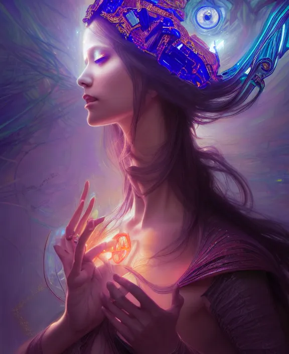 Image similar to a whirlwind of souls rushing inside the metaverse, half body, glowin eyes, tiara with sapphire, pharaoh, android, cyberpunk, d & d, fantasy, intricate, elegant, highly detailed, colorful, vivid color, digital painting, artstation, concept art, art by artgerm and greg rutkowski and alphonse mucha and ruan jia