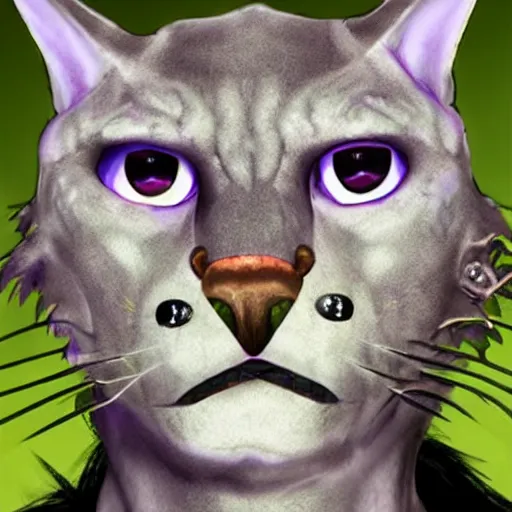 Image similar to d & d style, upper body portrait, tabaxi male, wearing studded leather, left eye green, right eye purple.