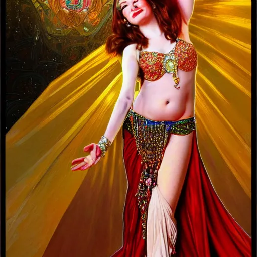 Image similar to a photorealistic portrait of emma stone dressed as a belly dancer, arabian night, high quality, fully detailed, 4 k, in focus sharp face with fine details, realistic hand details and anatomy composition, inspired by belly dancer on youtube, alphonse mucha, masterpiece, stunning