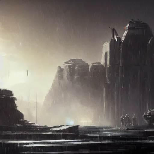 Image similar to star wars concept art by greg rutkowski, a brutalist - looking and imposing temple in the middle of a snowy, dark and hostile landscape, strong blizzards, poor lighting, evil atmosphere, artstation hq.