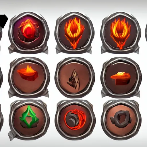 Image similar to fire mage skills icons set, UI, HD, high details, trending on artstation