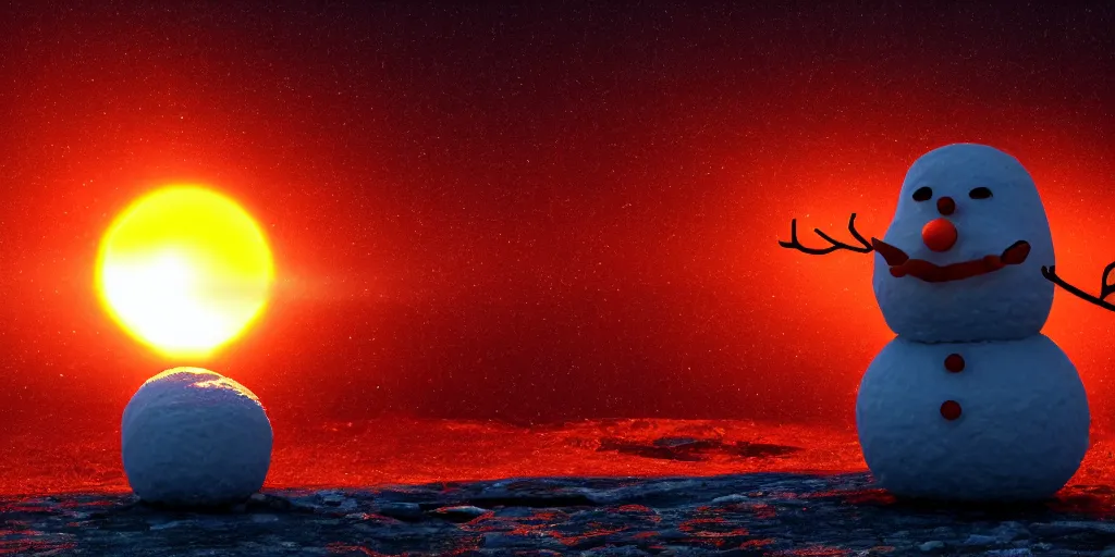 Image similar to a melting snowman standing on top of the sun. the ground is made of fire and lava and is glowing orange. cinematic, dramatic, epic, volumetric lighting, atmospheric, red, orange extremely coherent, 8 k, space