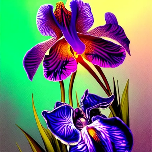 Prompt: detailed surreal holographic orchid iris hybrid flower with lsd dew drops on petals, backlit, sunset, refracted lighting, photorealistic, soft, sharp focus, art by collier, albert aublet, krenz cushart, artem demura, alphonse mucha