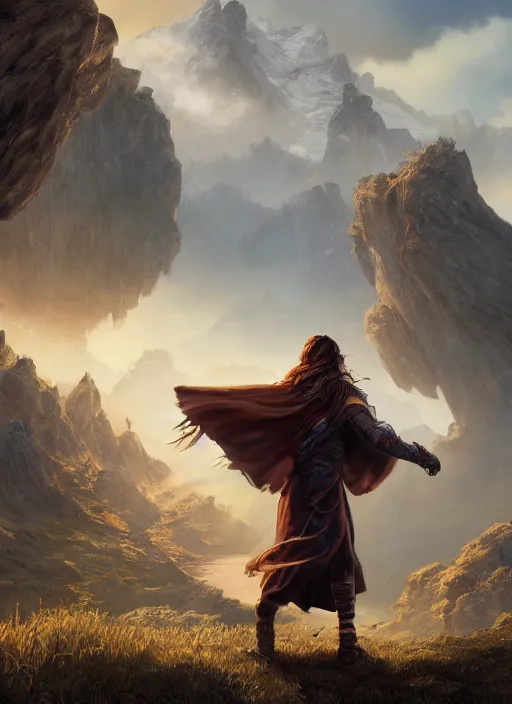 Prompt: An epic fantasy comic book style portrait painting of a young man with a long brown hair, a cloak waving in the wind in front of an epic fantasy landscape, unreal 5, DAZ, hyperrealistic, octane render, cosplay, RPG portrait, dynamic lighting