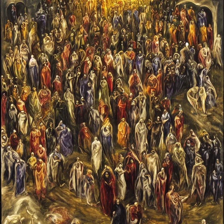 Prompt: A Holy Week procession of souls in a lush Spanish village at night. A figure at the front holds a cross, trending on artstation, highly detailed, 50mm, by El Greco, Remedios Varo y Salvador Dali.