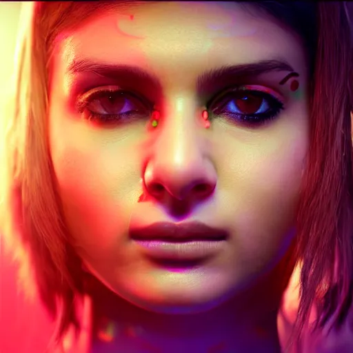 Prompt: Alia Bhatt, neon face tattoo, cyberpunk background, straight hairstyle, white eyes, blonde hair, realistic render, short hair, unreal engine render, Icaro Carvalho