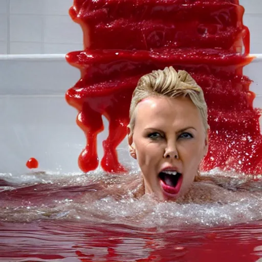 Image similar to charlize theron swimming in a pool filled with ketchup, a vat of red ketchup