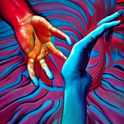 Prompt: very beautiful five fingers open hand submerged in colorful oils, realism, extreme detail, real life, soft light, volumetric light, 3 d shadows, james jean, photoshoot