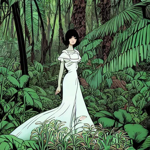 Image similar to elegant woman, white dress, dense jungle, trees, huge flowers, risograph!, omnious, dark, oldschool vintage sci - fi flat surreal design, super - detailed, painting by moebius and satoshi kon and jodorowski and katsuhiro otomo and kim jung gi, hd, 4 k, high quality