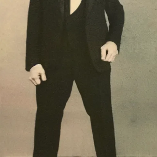 Prompt: Colored photo of an inexpressive man in a black suit and black tie with his arms at his side