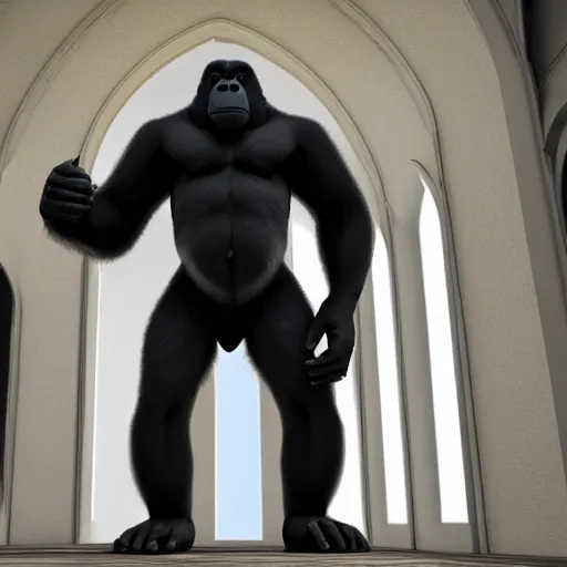 Image similar to big gorilla man terroizing church, 8k cinematic lighting, very sharp detail, anatomically correct