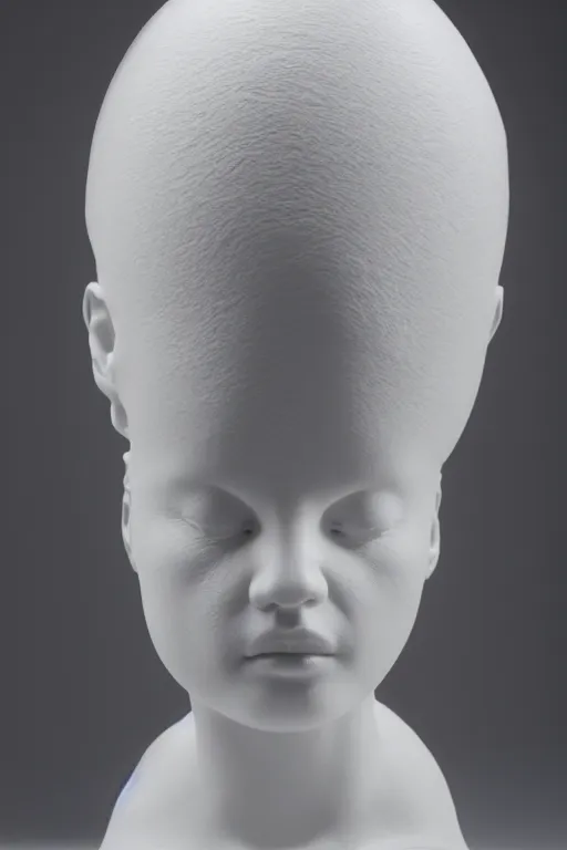 Image similar to full head and shoulders, beautiful female porcelain sculpture by daniel arsham and raoul marks, smooth, all white features on a white background, delicate facial features, white eyes, white lashes, detailed white, the head is split open like an egg, gold paint flows out