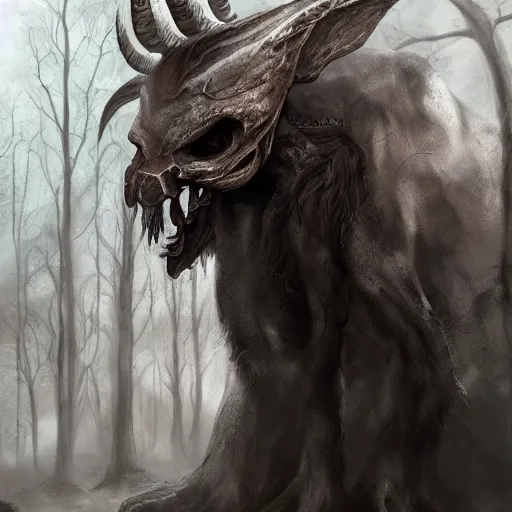 Image similar to ancient magus, fae, ram skull headed creature with black fur, elegant, tendrils, forest, heavy fog, fantasy, hyper realistic