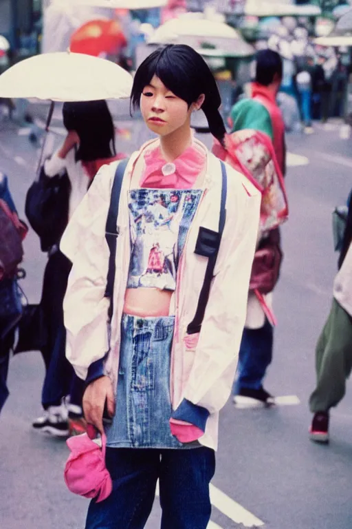 Image similar to a 1 9 9 0 s street fashion photograph of a young japanese woman in 9 0 s fashion, uncropped photograph, in bubble era tokyo ueno, shot on cinestill 5 0 d with a canon 2 8 mm at f / 5. 6 lens, print magazine quality!!, very highly photorealistic, nineties nostalgia!!!, 4 k