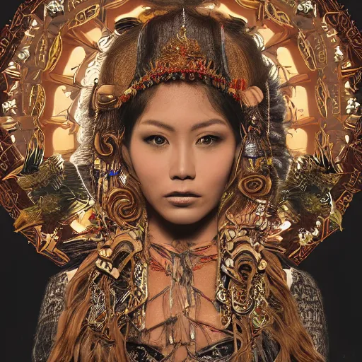 Image similar to An extremely beautiful pre-raphaelite ornate portrait of a very beautiful Dayak native, ultradetailed, intricate, elegant, digital art painting, smooth, sharp focus, magazine art cover illustration, regal, award winning picture, extremely detailed masterpiece, sense of awe, featured on Artstation, Artgerm, ethereal bubbles, Aetherpunk, atmospheric lightning, Exquisite floral details, 8K detail post-processing