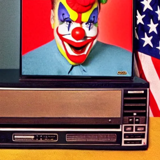 Image similar to photo of an 8 0's television with a president that has a clown face giving a speech