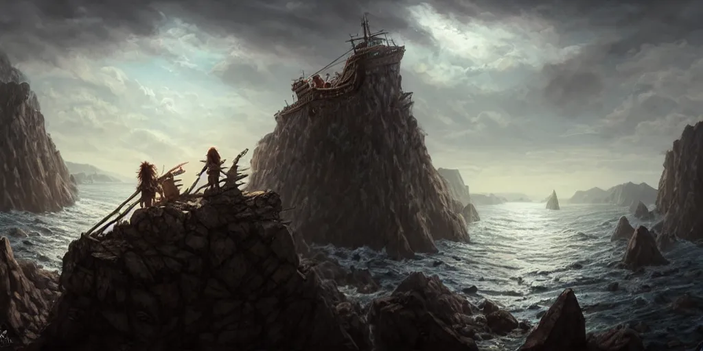 Image similar to D&D adventurers facing away on cliff overlooking realistic shipwreck boat, naval background, portrait, magic the gathering artwork, D&D, fantasy, cinematic lighting, centered, symmetrical, highly detailed, digital painting, artstation, concept art, smooth, sharp focus, illustration, volumetric lighting, epic Composition, 8k, art by Akihiko Yoshida and Greg Rutkowski and Craig Mullins, oil painting, cgsociety