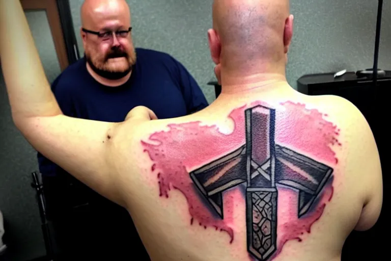 Image similar to ugly amateur tattoo of Mjölnir on a chubby middle-aged man's back