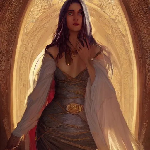 Image similar to A seductive twenty year old Mesopotamian witch in training, in a major Mesopotamian city, highly detailed, digital painting, artstation, concept art, sharp focus, illustration, cinematic lighting, art by artgerm and greg rutkowski and alphonse mucha