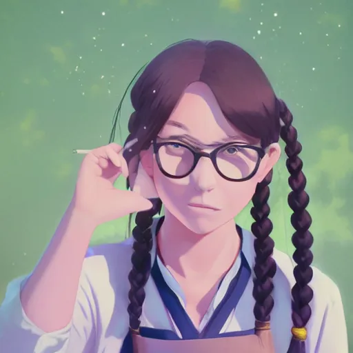 Prompt: a beautiful full body portrait of a young woman with twin braids, wearing glasses and an apron standing in a park, symmetric and beautiful face, makoto shinkai, james gilleard, very detailed, matte, gaussian blur, tone mapped William-Adolphe, trending on pixiv