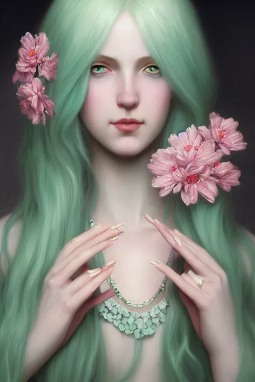 Image similar to A pale skinned woman with long mint green hair and nails, both decorated with pink flowers, illustration, soft lighting, soft details, dark mood, painting oil on canvas by Edmund Blair Leighton and Charlie Bowater octane render trending on artstation d&d characters, 4k, 8k, HD