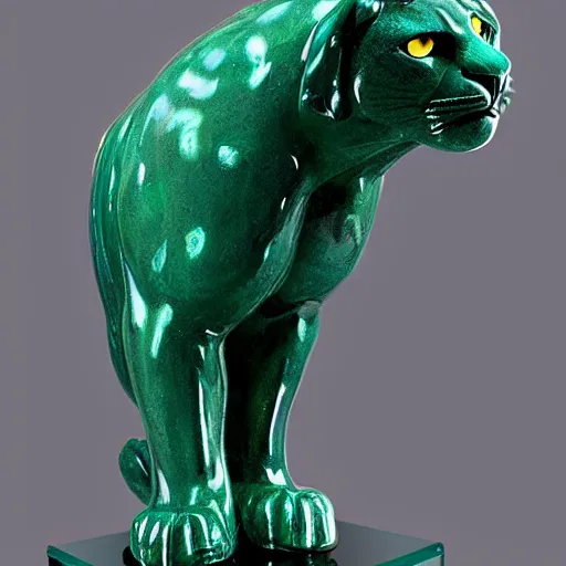 Image similar to Emerald Jaguar sculpture with glowing purple eyes