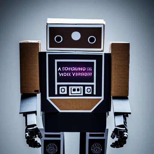 Prompt: a cardboard box robot, ( sony a 7 r iv, symmetric balance, polarizing filter, photolab, lightroom, 4 k, dolby vision, photography awardm, voque, perfect face )