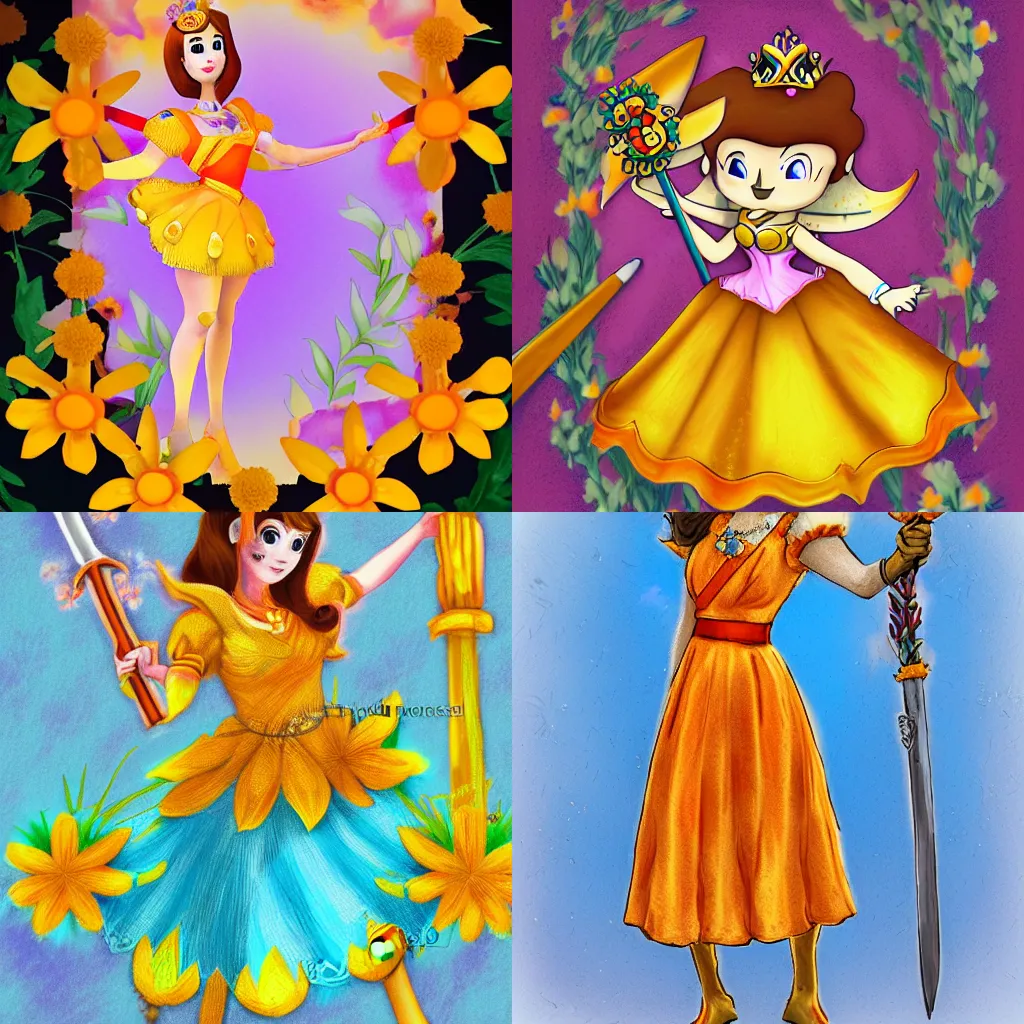 Prompt: Princess Daisy in a yellow and orange dress holding a floral sword, digital image, pastel colors