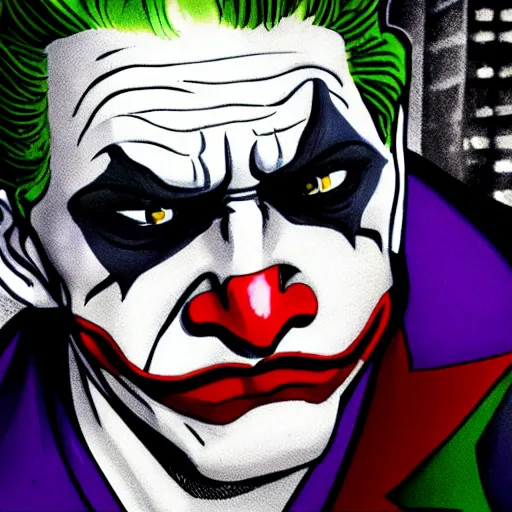 Prompt: portrait of the joker looking out at gotham city from wayne tower, 4 k, anime style, realistic, sharp focus, elegant