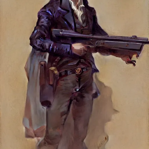 Image similar to a portrait painting of a gunslinger gentleman, art greg rutkowski and william - adolphe bouguereau