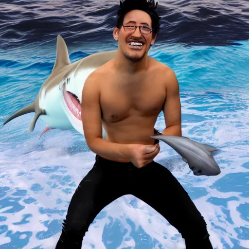 Image similar to markiplier with shark fins