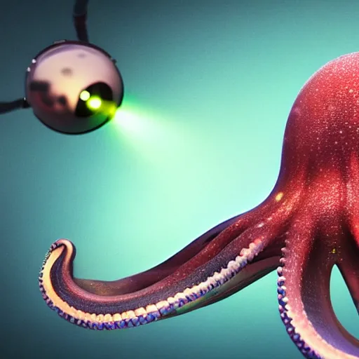 Image similar to a stunning rendition of an octopus wearing a space helmet, LED visor, hyperrealistic, octane render, pearlescent skin, floating in space