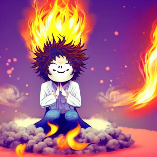 Image similar to fluffy exploding popcorn elemental spirit, in the style of a manga character, with a smiling face and flames for hair, sitting on a lotus flower, white background, clean composition, symmetrical