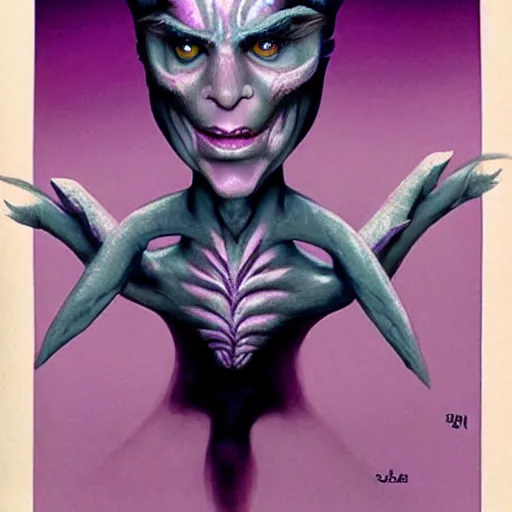 Image similar to a frightening, beautiful elf with violet skin, a scarred face, a bob haircut, and bushy eyebrows, smirking, in the style of jason edmiston