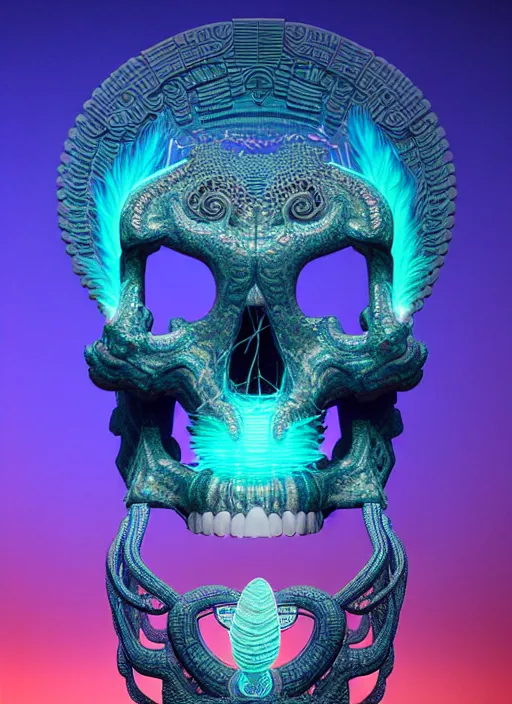 Image similar to 3 d goddess profile portrait, sigma 5 0 0 mm f / 5. beautiful intricate highly detailed quetzalcoatl skull and feathers. bioluminescent, plasma, lava, ice, water, wind, creature, thunderstorm! artwork by tooth wu and wlop and beeple and greg rutkowski, 8 k trending on artstation,