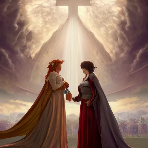 Image similar to an beautiful and detailed matte painting of a lesbian wedding between evil pyromancer and a red mage, unholy, white church background, god rays, detailed face, sharp focus, highly detailed, cinematic lighting, studio quality, colorful, smooth render, vector illustration, award winning, by artgerm, greg rutkowski, alphonse mucha