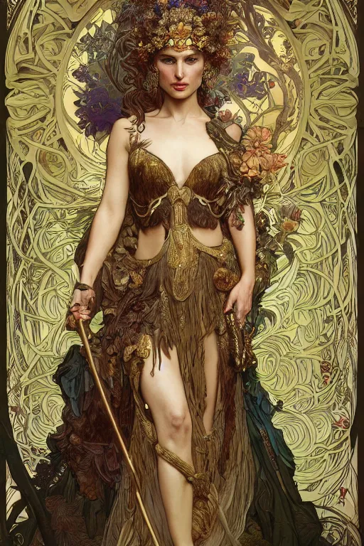 Image similar to natalie portman as queen of the jungle, painted by nekro, alphonse mucha, dark - fantasy, intricate detail, artstation, cgsociety, rococo, gold leaf art