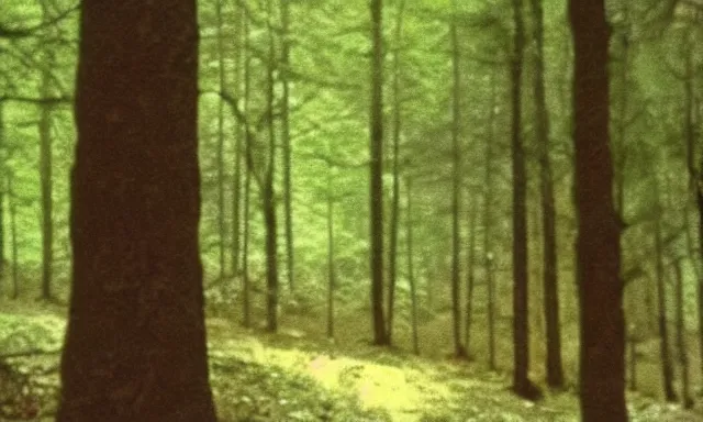 Image similar to creature far away looking at camera in forest at night, colorized 70s photo, out of focus, motion blur, cctv footage, horror movie, horror lighting, blair witch project, old photo