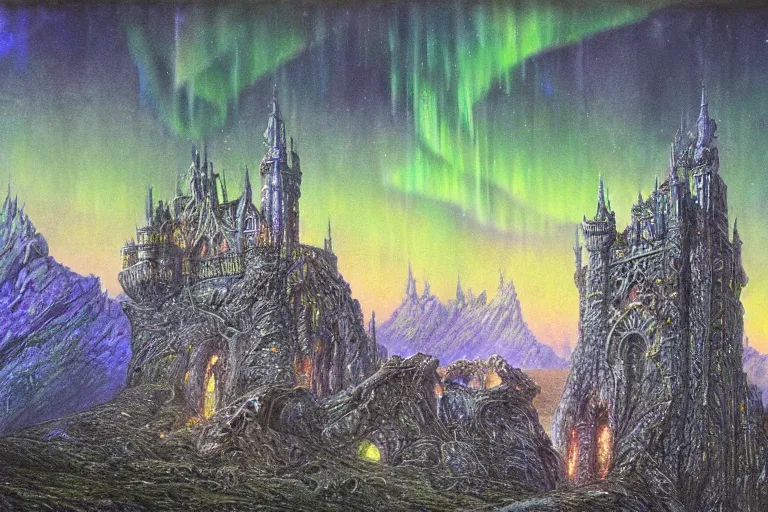 Image similar to highly detailed photoreal eldritch biomechanical castle on a cliff, aurora borealis, psychedelic by alan lee, john howe. ted naismith