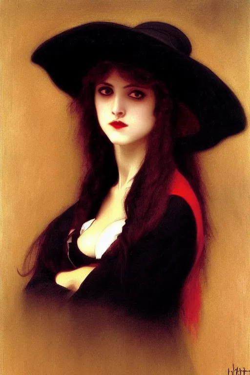 Image similar to vampire in a big black hat painting by rossetti bouguereau, detailed art, artstation