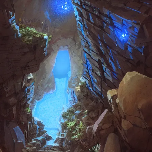 Image similar to concept art painting of a mine mineshaft with blue crystals, realistic, detailed, cel shaded, in the style of makoto shinkai and greg rutkowski and james gurney