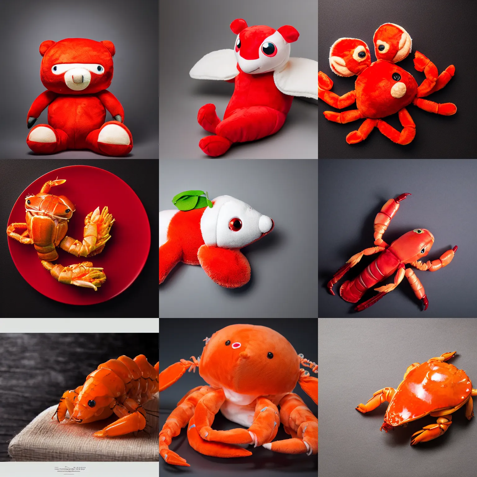 Prompt: a plushie of a red lobster, product photography, studio lighting, hd