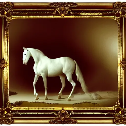 Prompt: an all white horse, with no facial features, like a white mask pulled over their face, full body laying in a blood red pool of water between a golden mirror frame, outside is space at the bohemian grove and inside the mirror frame is a beautiful landscape., physically accurate, dynamic lighting, intricate, elegant, highly detailed, very very Roberto Ferri, sharp focus, very very unsettling, very terrifying, illustration, art