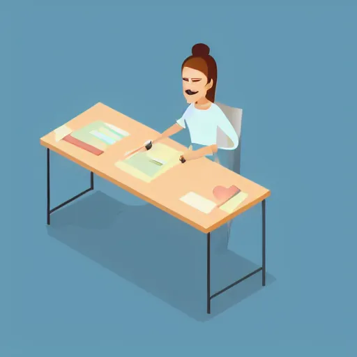 Image similar to isometric flat art of a person writing at a desk smiling
