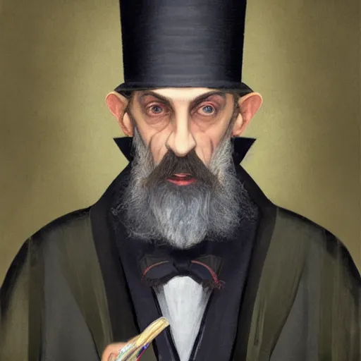 Image similar to Lord Havelock Vetinari as a shady, machiavellian, slytherin headmaster of Hogwarts, School of Witchcraft and Wizardry, detailed, hyperrealistic, colorful, cinematic lighting, digital art by Paul Kidby