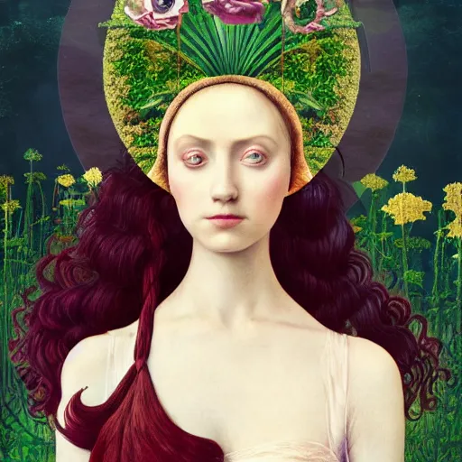 Image similar to a detailed portrait of young woman in renaissance dress and a surreal renaissance headdress, very surreal garden, cyberpunk, surreal tea party, strange creatures, by christian schloe and botticelli, naotto hattori, amy sol, roger dean, moody colors