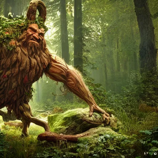 Image similar to a forest giant in the woods, au naturel, hyper detailed, digital art, trending in artstation, cinematic lighting, studio quality, smooth render, unreal engine 5 rendered, octane rendered, art style by klimt and nixeu and ian sprigger and wlop and krenz cushart