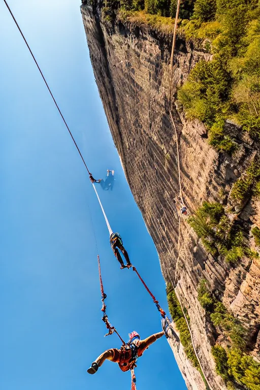 Image similar to bungee jump of a tiger suspended by a large parachute jumping from a mountain cliff, wide angles lens